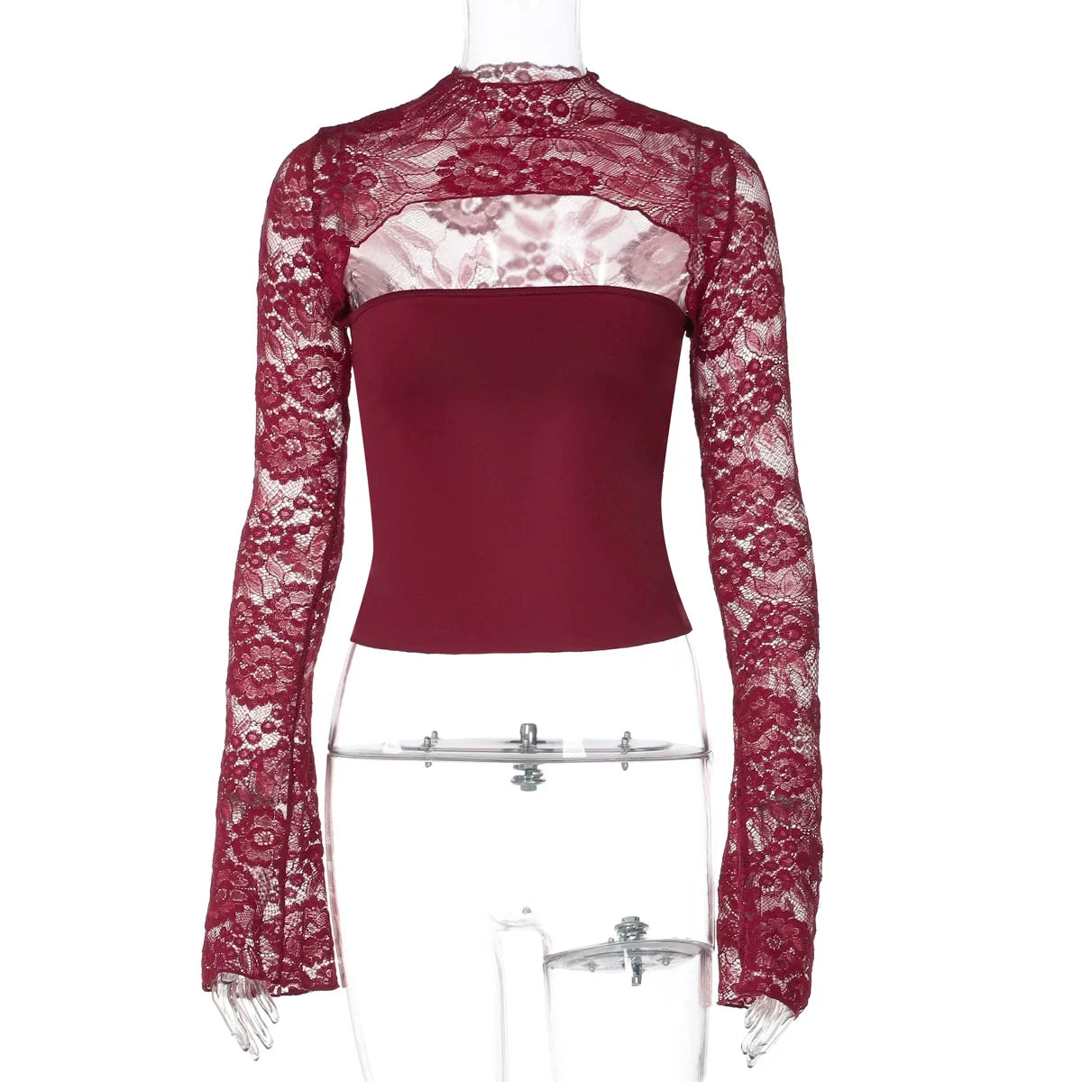 Kaerwx | Lace-Detail Hollow Long-Sleeve T-Shirt for Women