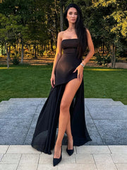 Kaerwx | Black Mesh Slit Long Dress for Women