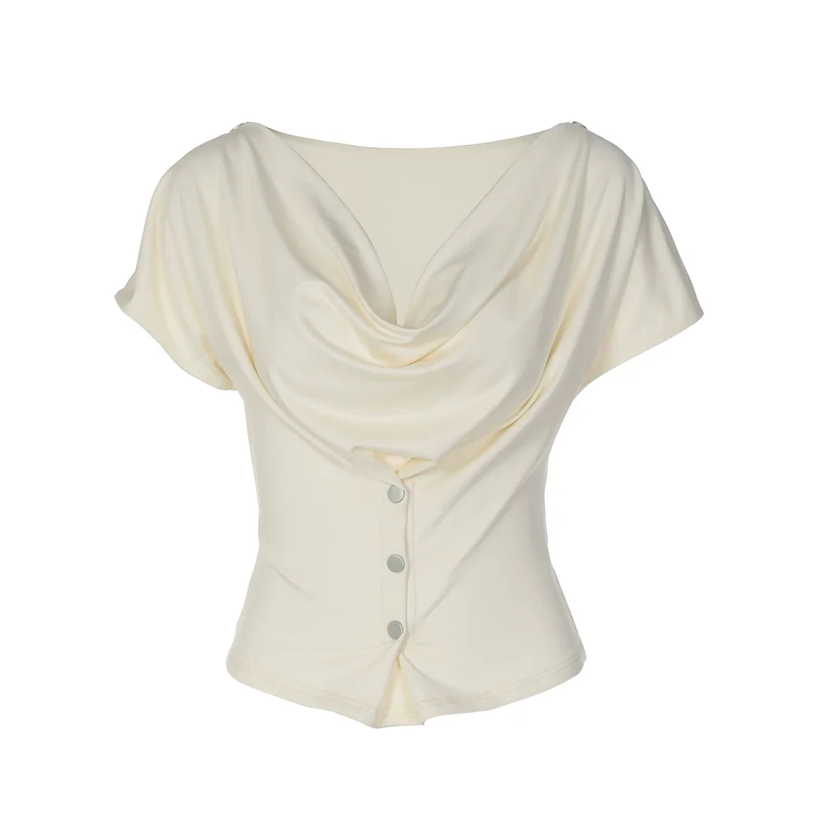 Kaerwx | Fold-Neck Short-Sleeve Buttoned Top for Women