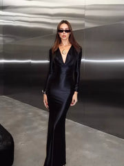 Kaerwx | Satin Long-Sleeve V-Neck Waist-Cinching Slim Dress