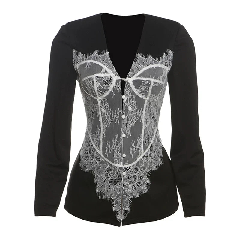 Kaerwx | Women’s Retro Lace Long Sleeve Button Jacket White Fashion Outerwear