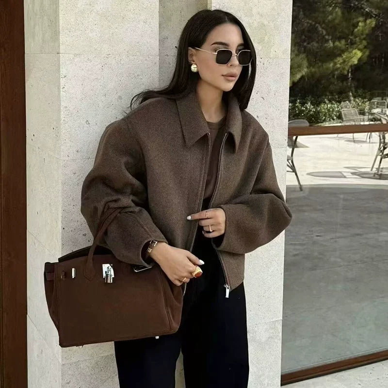 Kaerwx | Women’s Brown Woolen Short Jacket – Chic Street Style with Zipper Lapel