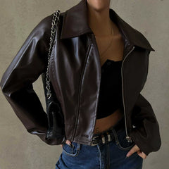 Kaerwx | Women’s Retro PU Leather Jacket – Short Casual Motorcycle Style