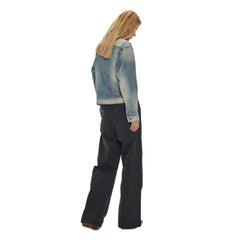 Kaerwx | Women’s Washed Blue Denim Jacket – Retro Off-Shoulder Corduroy Collar