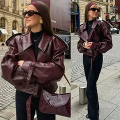 Kaerwx | Women’s Red Leather Jacket – Retro Motorcycle Street Style Short Coat