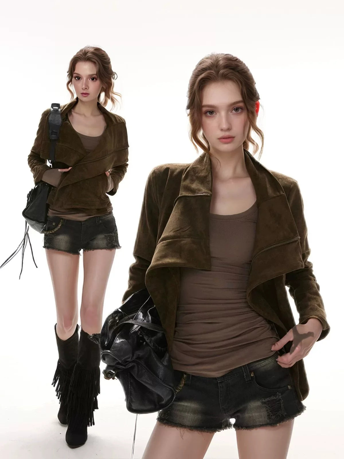 Kaerwx | Women’s Irregular Suede Jacket – Large Lapel Motorcycle Style
